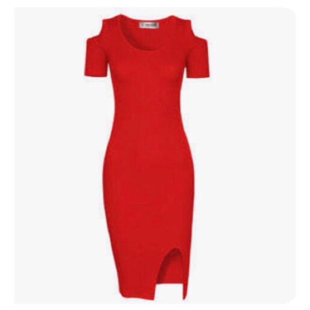 Red cold shoulder bodycon midi sweater dress